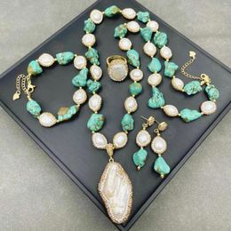 Necklace Earrings Set ST039 Fresh Artistic Style Pearl And Turquoise Hand Inlaid Natural Colour Adapted To Daliy Women Jewellery Four Piece