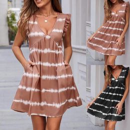 Casual Dresses Short Sleeves Dress For Women V-neck Summer And Sleeve Spring Ruffle Striped Women's Sleeveless Print Tee