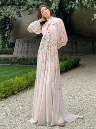 Newest Floral Printing A-line Wedding Dresses V-Neck Long Sleeve Ribbons Bridal Gowns Robe De Mariee