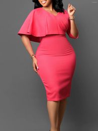 Plus Size Dresses Summer Fashion V-Neck Style Commuting Solid Colour Wrapped Hip Slim Fit High Waist Pencil Dress Mid Length