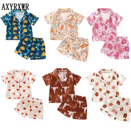 Fashion Children Summer Pyjama Sets Silk Satin Heart/Floral/Cattle Print Baby Suits Sleepwear Boy Loungewear Kids Pyjamas 240410