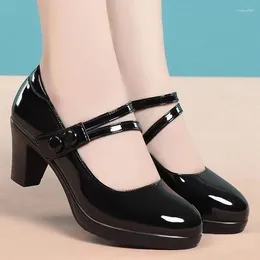 Dress Shoes Summer & Spring Pointed Toe Women Slip-On Comfortable Fashion Patent Leather Chunky Heel Casual Female Size 35-40