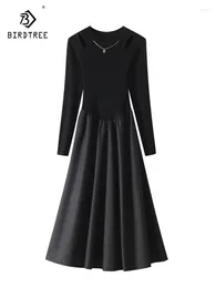 Casual Dresses Birdtree Sheep Wool Early Autumn Chinese Style Dress Women Sexy Hollow Out Spliced Waist Shrinking Knitted D30636QC