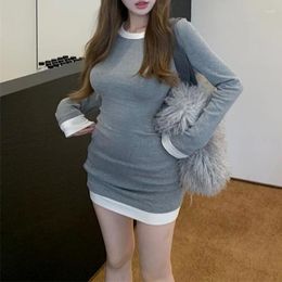 Casual Dresses Korean Contrast Colour Patchwork Sexy Slim Long-sleeved Dress Women 2024 Autumn O-neck Fashion All-match Mini