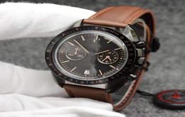 44MM Quartz Chronograph Black Dial Mens Watches Moonwatch Brown Leather Strap Dark Side of the Ring Showing Tachymeter Markings Wr8270612