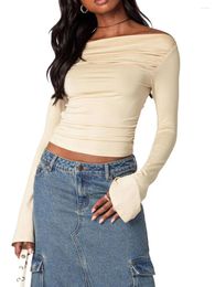 Women's T Shirts Kimydreama Women Bodycon Basic T-shirt Long Sleeve Off-shoulder Ruffle Crop Tops Pleated Solid Slim Fit Blouse Streetwear