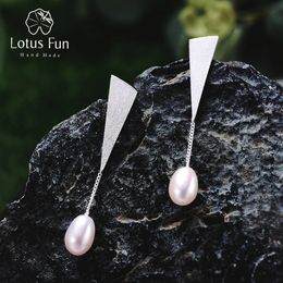 Lotus Fun Real 925 Sterling Silver Natural Pearl Earrings Handmade Fine Jewellery Triangle Water Drop Dangle Earrings for Women 240419