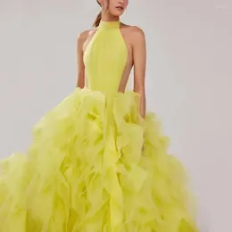 Party Dresses Lemon Yellow Tiered Evening Halter Backless Ruffled Long Dress Wedding Gown