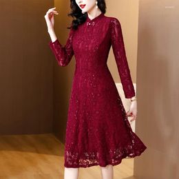 Casual Dresses 2024 Winter All-matching Chenille Lace Skirt Red Chinese Qipao Dress