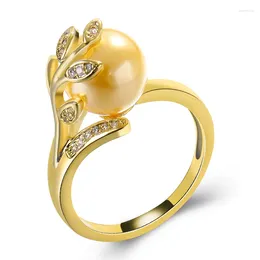 With Side Stones SHUANGR Fashion Simulated Pearl Leaf CZ Rings Gold Silver Color Ring Charms For Women Jewelry Anel Bague Bijoux Femme