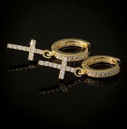 Trendy Men Women Earrings Gold Plated Micro Paved CZ Cross Bling Earrings Hoops Punk Rock Hip Hop Jewelry4245849