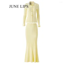 Work Dresses JUNE LIPS 2024 Summer Yellow Long Sleeved Knitted Cardigan Age Reducing And Slimming Top Arm Wrapped Skirt Two Piece Wholesa