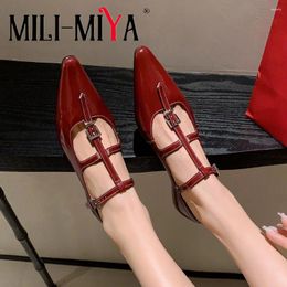 Casual Shoes MILI-MIYA Arrival Pointed Women Cow Leather Pumps Solid Colour Thick Heels Buckle Strap Big Size 34-40 Street