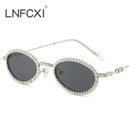 Sunglasses LNFCXI Vintage Full Crystal Anti-blue Light Eyeglasses for Women Alloy Small Oval Rhinestone Shiny Glasses Frame Sunglasses T240428