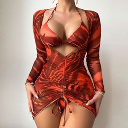 Women's Swimsuit Split Three Piece Set Mesh Skirt Long Sleeved Swimsuit Printed Backless Sexy Bikini