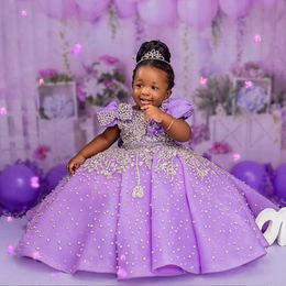 2024 Lilac Flower Girl Dresses For Weddings Short Sleeves Silver Rhinestone Crystal Beads Ball Gown Girls Pageant Dress Kids Communion Gowns With Bow