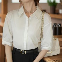 Women's Blouses Chic Korea Tops Blusas Fashion Women Office Lady Work Elegant Solid Retro Single Breasted Button Formal Blue White Shirts