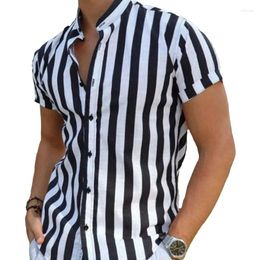 Men's Casual Shirts Summer Mens Black White Vintage Striped Fashion Stand Collar 90% Cotton Short Sleeve Shirt For Men Oversized