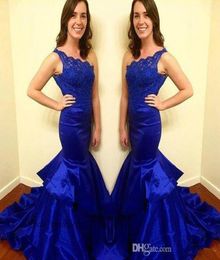 2019 Royal Blue One Shoulder Arabic Prom Dress Elegant South African Lace Bodice Long Graduation Evening Party Gown Plus Size Cust7749143