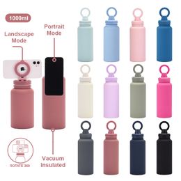 1L Stainless Steel Water Bottle w/Magnetic Phone Mount Leak-Proof Metal Sports Flask Durable Colorful Sports Bottle with Phone Holder