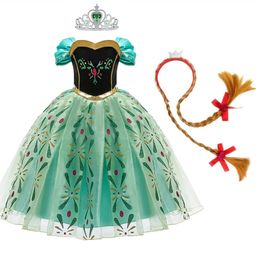 Children Princess Costume Green Party Anna Fancy Dress Up Christmas Girl Birthday Carnival Disguise Embroidered Frock Clothe 240415