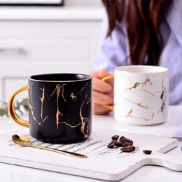 Mugs Nordic ceramic coffee cups tableware coffee tea breakfast style marble matte milk cups family couple platinum/spoon J240428