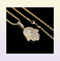 Iced Out Hand of Fatima Hamsa Pendant Necklace CZ Copper Top Quality Cubic Zircon Bling Bling For Men Women gifts2775212
