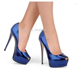 Dress Shoes Fashion Women Peep Toe Platform Pumps Sexy Gold Blue Black Silver Stiletto Heel Lady Large Size Single