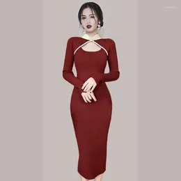 Casual Dresses W4M 2024 Pearl Buckle Hollow Cheongsam Knitted Skirt Gentle Retro Chinese Style Autumn And Winter Base Dress