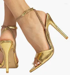 Dress Shoes LIHUAMAO Golden Pumps Stiletto Heels Women Sandals Slingbacks Ankle Strap Ladies High Heel Wedding Party