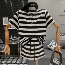 Work Dresses Retro Loose Black Stripe Versatile Fashion T-shirt High Waist A-line Casual Skirt Set Of Two