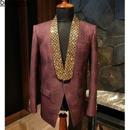 Dark Red Formal Men Suits With Gold Sequined Beading Two Pieces Groom Wear ( Jacket + Pants )