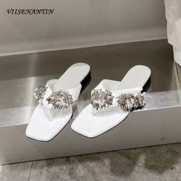 Slippers Fashion Women Outside Crystal String Bead Flats Square Toe Genuine Leather Casual Beach Slides Sandals