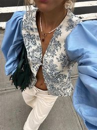 Women's Blouses Print Patchwork Floral Shirt Women V-neck Coil Buckle Lantern Sleeve Split Female Cardigan 2024 Summer Lady Streetwear