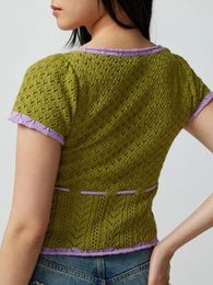 Women's Tanks Women Summer Bodycon Knit Crop Top Square Neck Short Sleeve Tie Up Contrast Color Crochet Blouse Going Out