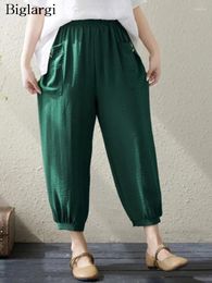 Women's Pants Summer Cotton Linen Pant Women Loose Wide Leg Pleated Fashion Elastic High Waist Ladies Trousers Casual Oversized Woman