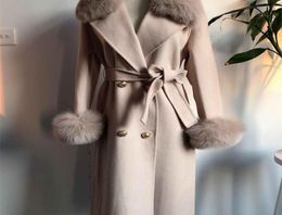 Women Cashmere Coat with Real Fox Fur Collar and Cuff Long Warm High Quality Outwear with Belt LJ2011289223803