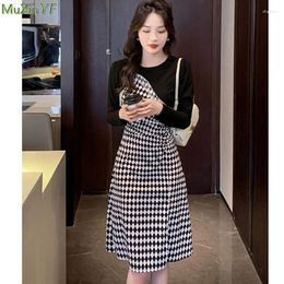 Casual Dresses 2024 Spring Autumn Fashion Women Midi Dress Korean Lady Sexy Slim Split Patchwork Plaid Tassel Long Sleeve Robe