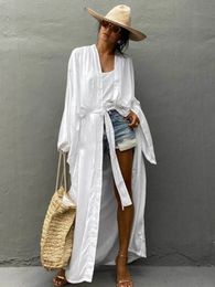 Solid Beach Cover Up Women Self Belted Wrap Kimono Dress Swimsuit Robe Summer Beachwear Factory Supply 240412