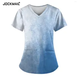 Women's T Shirts Uniform Women Nursing Scrubs Tops Short Sleeve Marble Print Working With Pockets Tunics Workwear