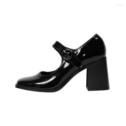 Dress Shoes Woman Vintage British Style Black High Heel Block Square Toe Single Shoe Mary Jane For Women
