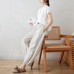 Women's Pants Arrival Summer Women Ruffles Patchwork Striped Cotton Linen Ankle-length Casual Loose Elastic Waist Harem S94