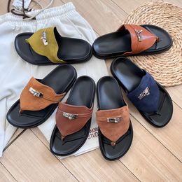 2024 Designer's Slippers New Luxury Kelly Hardware Buckle Men's and Women's Flat Bottom Slippers Hermys Nemes Hemers 35-44