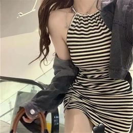 Casual Dresses Fashion Korean 2024 Summer Sexy Backless Slim Fold Hip Stripe Hanging Neck Tank Mini Dress Short V364