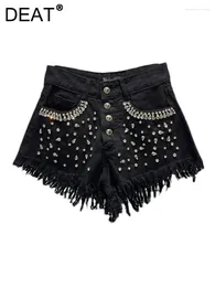 Women's Shorts Denim Shiny Rhinestone Full Diamonds Burrs Edge Wide Leg Super Short Jeans 2024 Summer Fashion 11XX3737