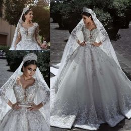 Gown Wedding Ball Dresses Arabic 2018 Glamorous Long Sleeves Tulle Beaded Sequins Appliques Corset Bridal Gowns Ba7970 s