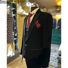 Black Sequined Neckline 2 Pieces Blazer Pants Men Suits Tuxedo High Fashion Wedding Prom Plus Size Custom Made