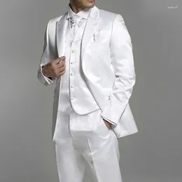 Men's Suits White Satin Men For Wedding Groom Tuxedos Peaked Lapel Custom Formal Man Suit Set Jacket Vest With Pants 2024