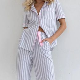 Women's Sleepwear Striped Pajamas Set Short Sleeve Shirt&pant Women Cotton 2Pcs Loungewear Homewear Loose Pyjamas Suit Nightwear Trousers