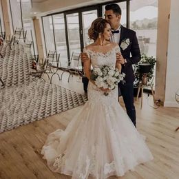 Denizkızı düğün dantel elbiseler romantik zarif kapalı omuz tatlım tül aplikler gelin önlükleri sırtsız elbiseler de mariage bc2654